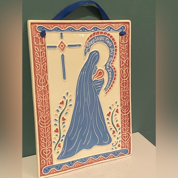 Vtg J Duban Designs Hanging Ceramic Tile Mary and Baby Jesus Nativity “Immanuel” - Picture 3 of 7